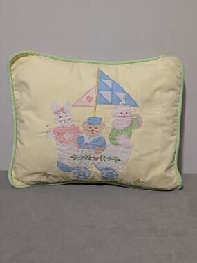 Vintage House of Hatten Nursery Pillow Applique Sailboat Teddy Bear Bunny Pastel